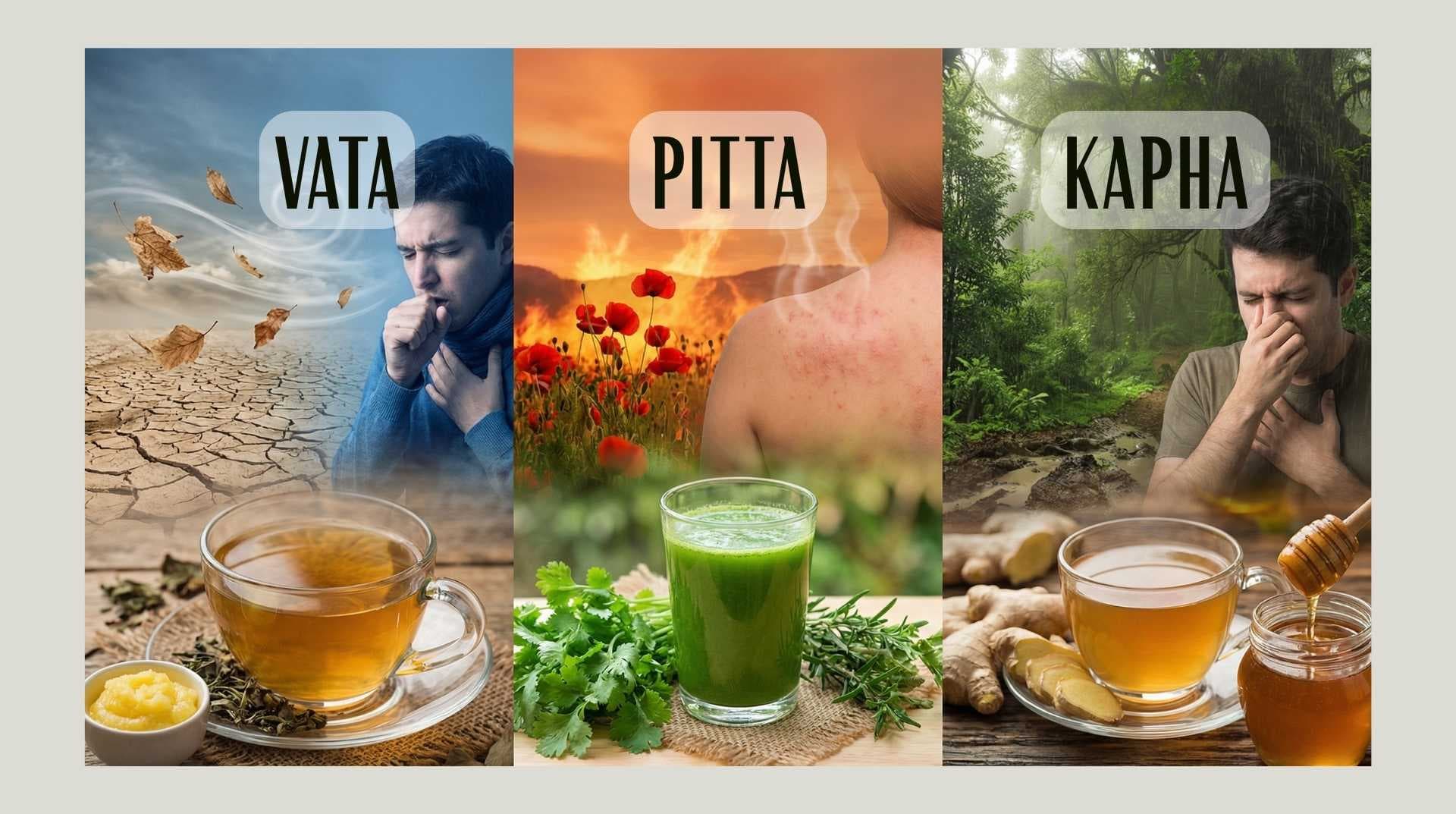 Infografika rozdelená na tri časti zobrazujúca typy alergií: Váta (sucho a kašeľ, pomoc ghí), Pitta (teplo a kožná vyrážka, pomoc zelená šťava) a Kapha (vlhko a hlieny, pomoc zázvor s medom).
