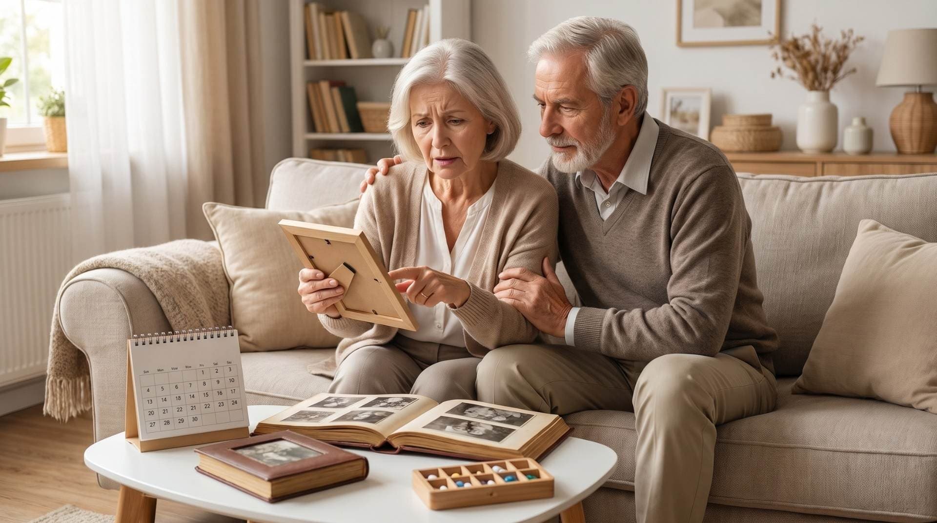 Staršia žena so zmäteným výrazom si prezerá fotografiu a jej manžel ju podporujúco objíma, čo znázorňuje prejavy Alzheimerovej choroby. Na stolíku pred nimi leží otvorený fotoalbum, kalendár a dávkovač liekov.