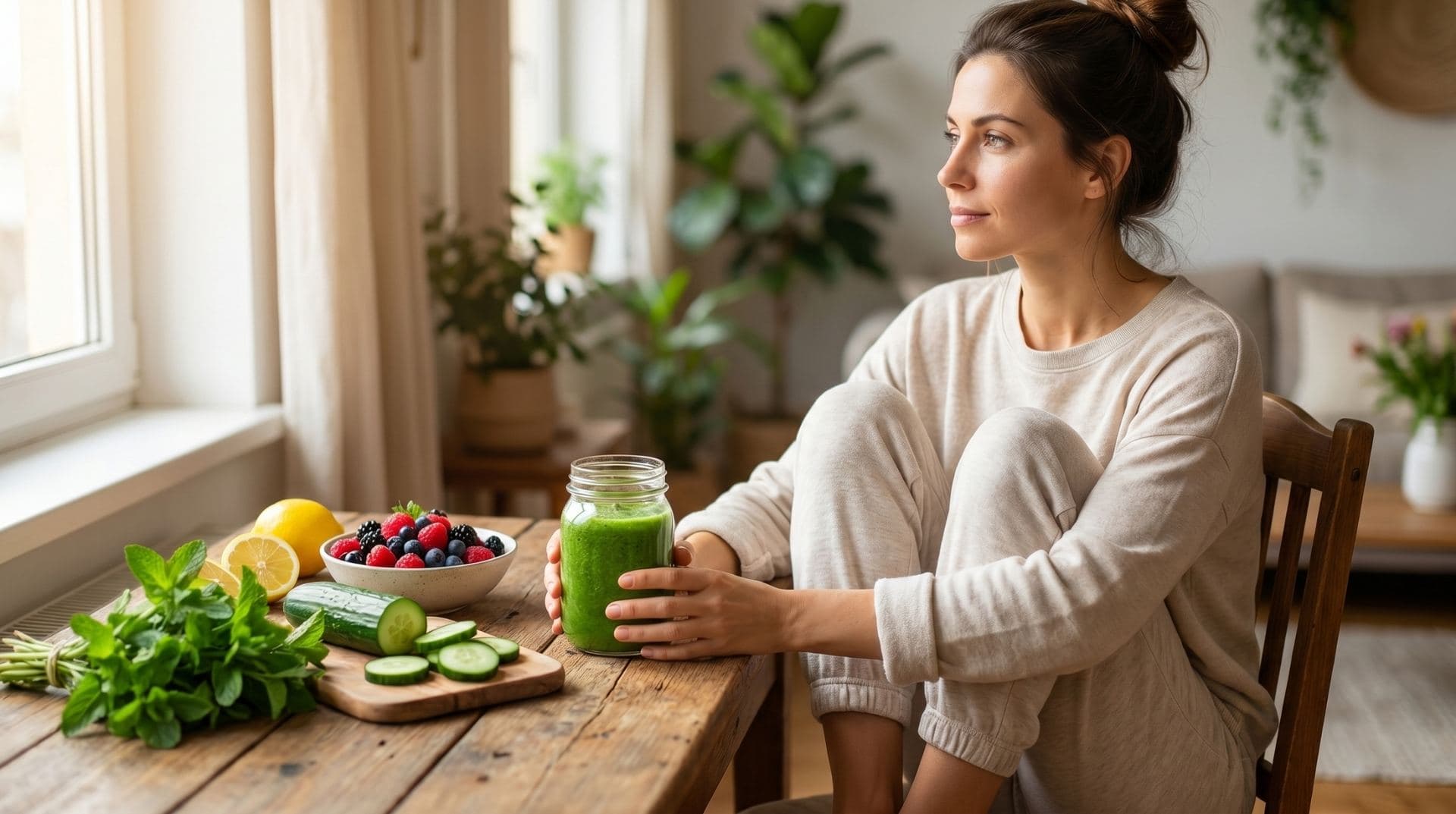 Žena v pokojnom domácom prostredí sedí pri drevenom stole a dopraje si zelené smoothie ako rituál pre detox a očistu tela, pričom v popredí sú pripravené čerstvé suroviny ako uhorka, citrón a bobuľové ovocie.