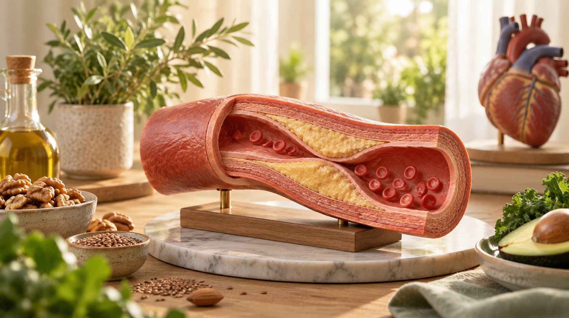 Anatomický prierez ľudskou tepnou ukazujúci aterosklerózu s usadenými tukovými plakmi obmedzujúcimi prietok krvi. V pozadí sa nachádza model srdca, olivový olej, orechy, semienka a avokádo ako symboly zdravej stravy pre cievny systém.