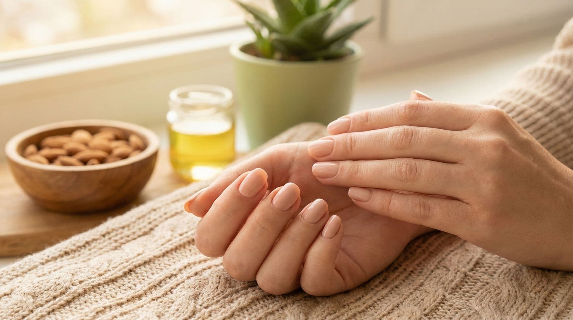 Detailný záber na zdravé a upravené ženské ruky s miskou mandlí a pohárom bylinného oleja v pozadí, čo znázorňuje ajurvédsky prístup k posilneniu nechtov cez výživu a hydratáciu.