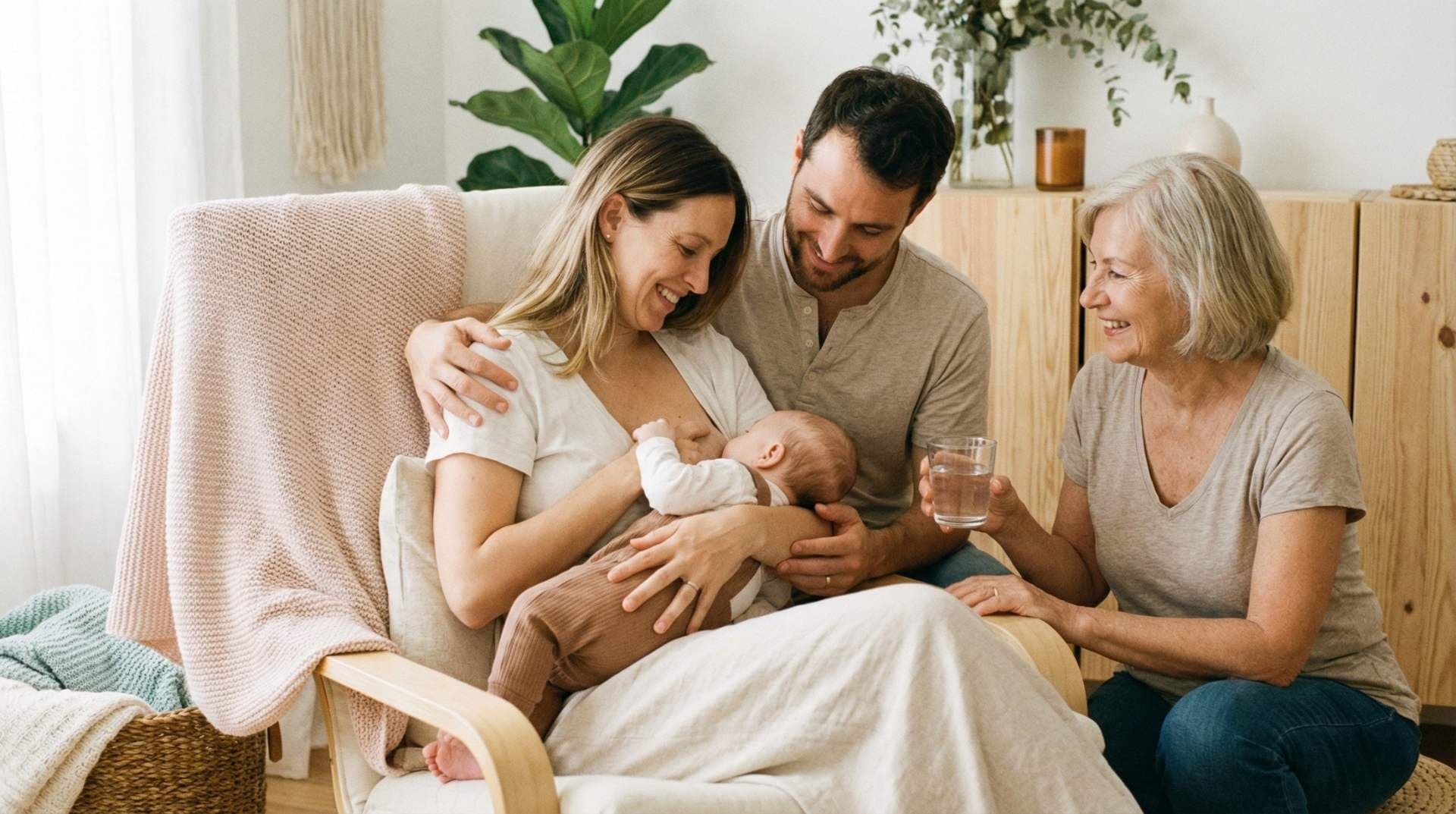 Novopečená matka dojčí svoje dieťa, pričom ju podporuje mamžel a mama.